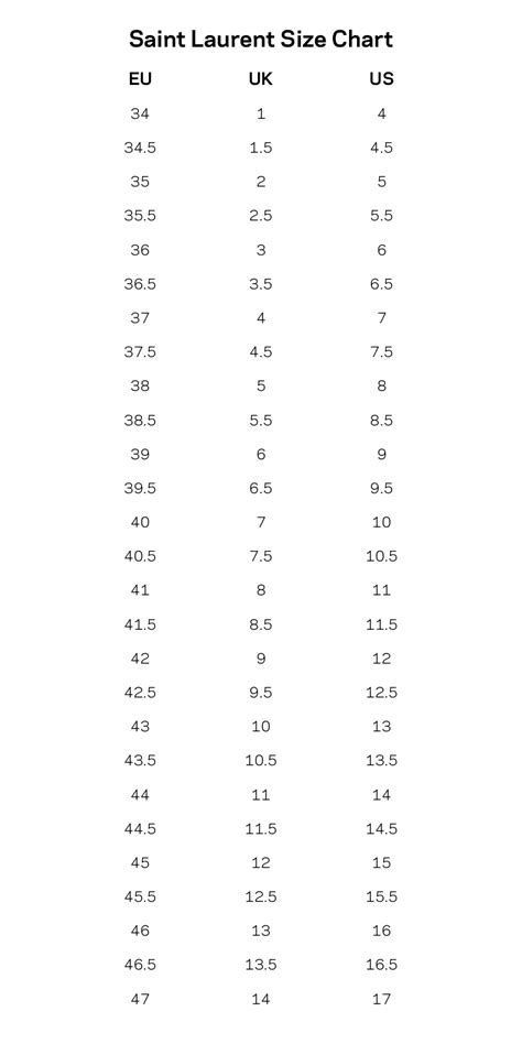 saint laurent size chart